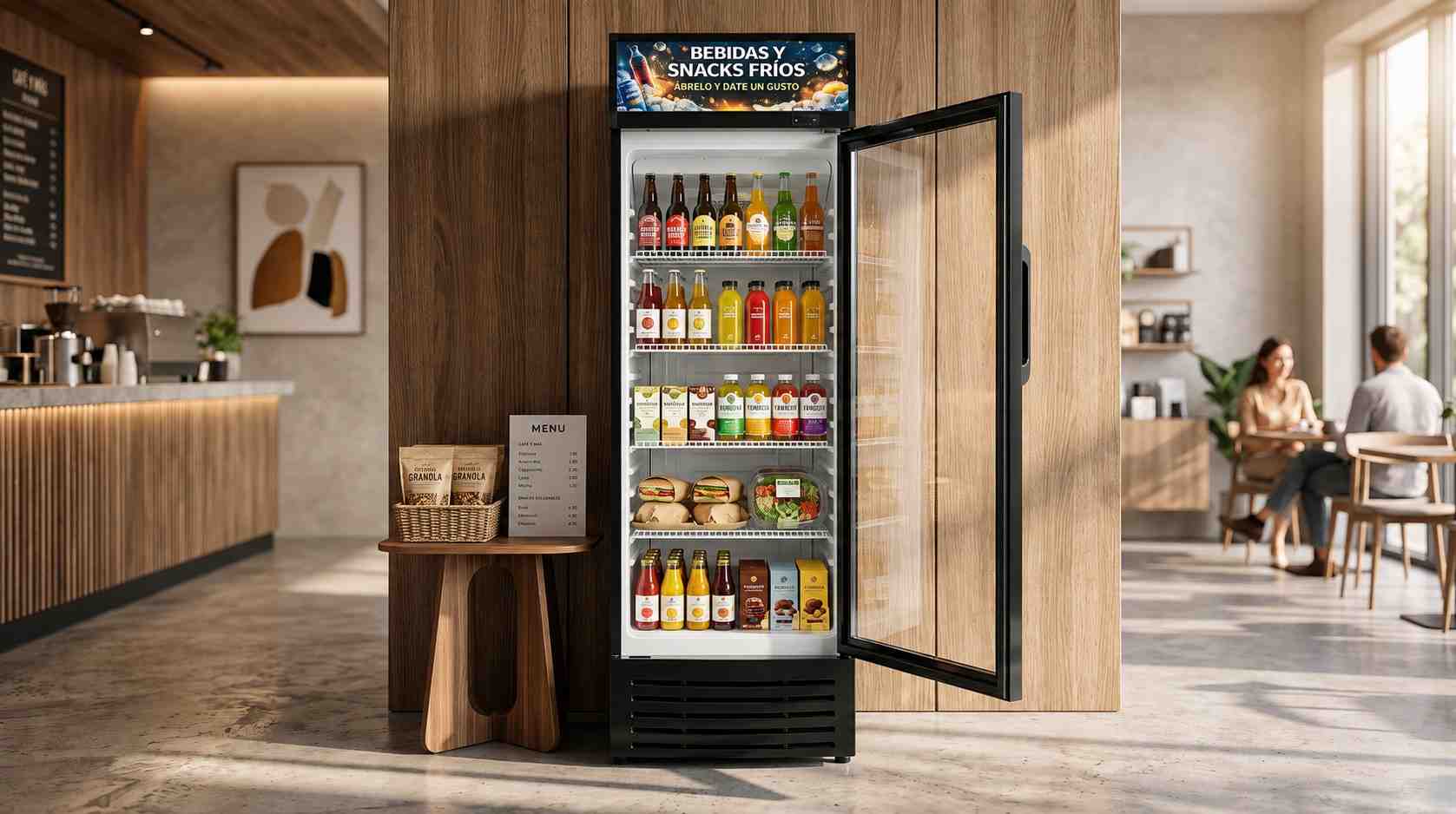 NEVERA EXPOSITORA VERTICAL PARA SNACKS Y BEBIDAS FRÍAS 